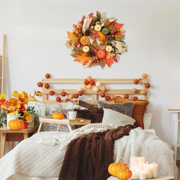 Fall Wreaths for Front Door, 20inchs Autumn Wreath with Hangers Pumpkin Maple Au - Picture 7 of 7